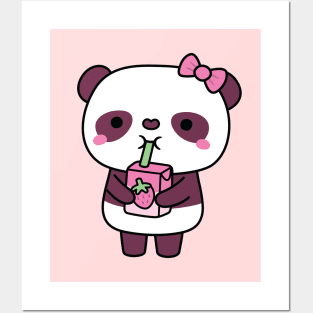 Cute Panda Drinking Strawberry Milk Posters and Art